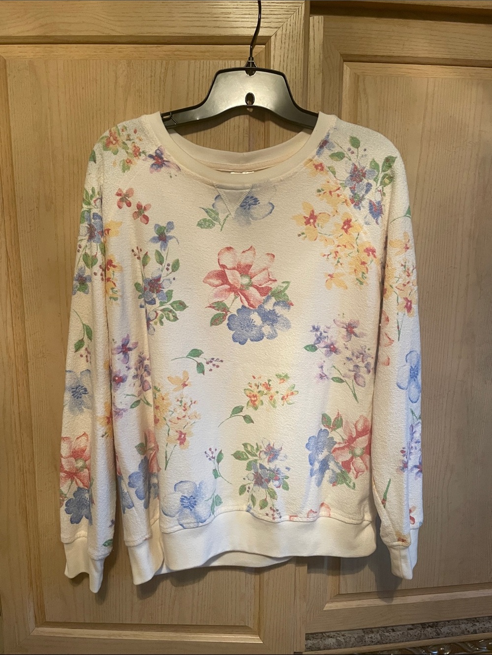Blair Cream Crewneck Top with Light Blue Floral Accent